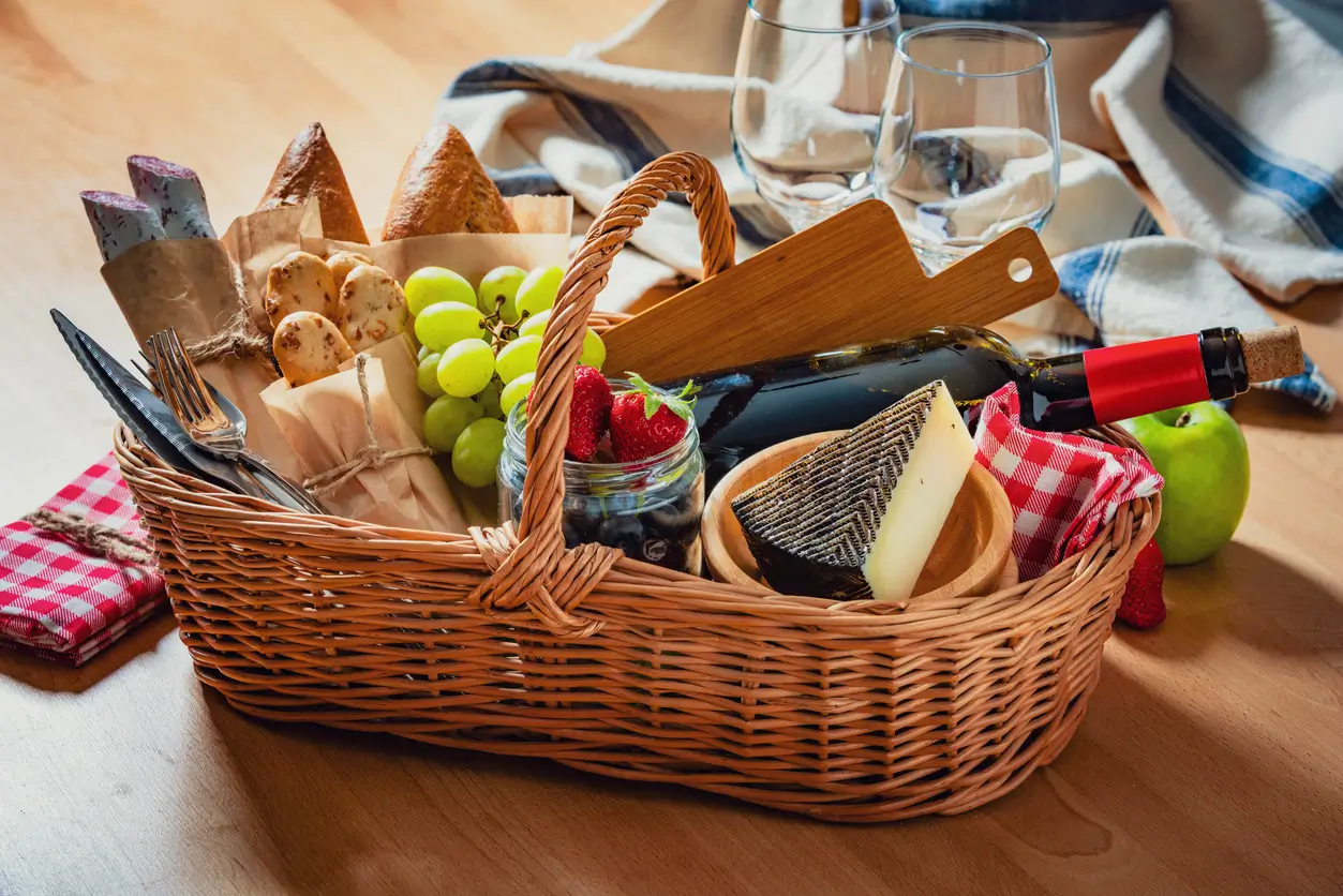 hamper of wine and cheese
