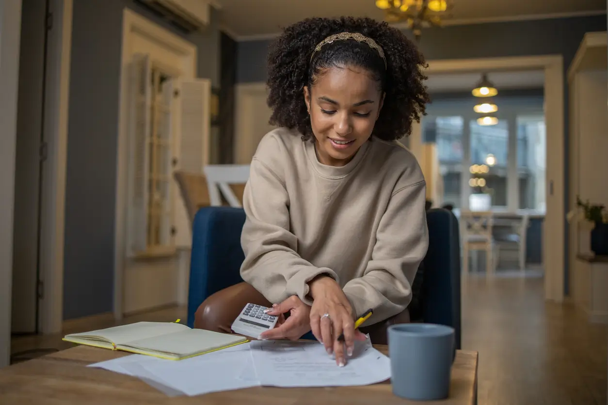 woman calculating costs on a table in living room